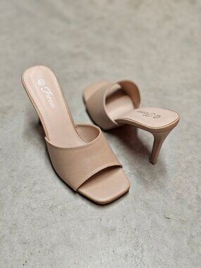 Open Toe Nude Stiletto Heels Faux Leather Slip-On Sandals Square-Toe Design Wome
